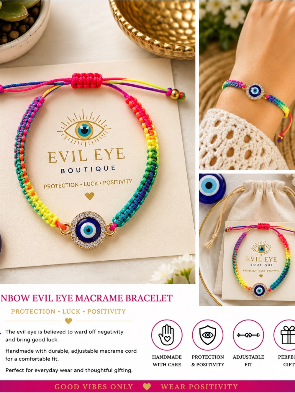 Rainbow Evil Eye Macrame Bracelet